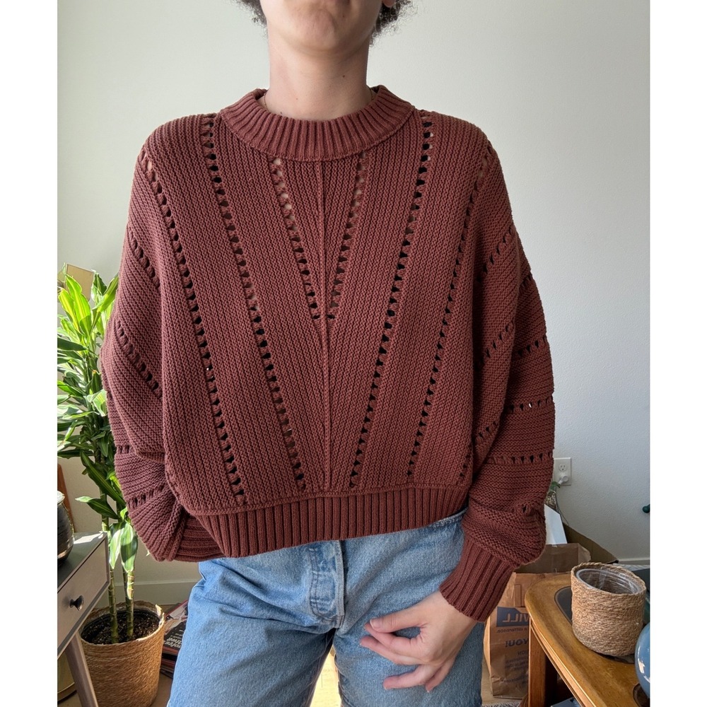 UpWest Terracotta Brown Pointelle Dolman Sleeve Cropped Chunky Knit Sweater S